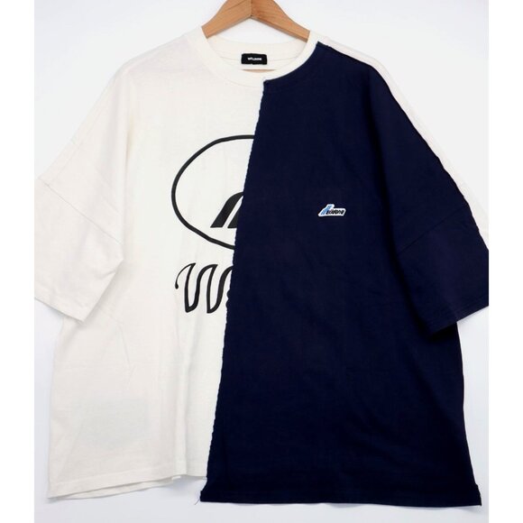 We11done Half-And-Half Oversized T-Shirt LARGE Cream & Navy Graphic Logos Cotton - Picture 1 of 16